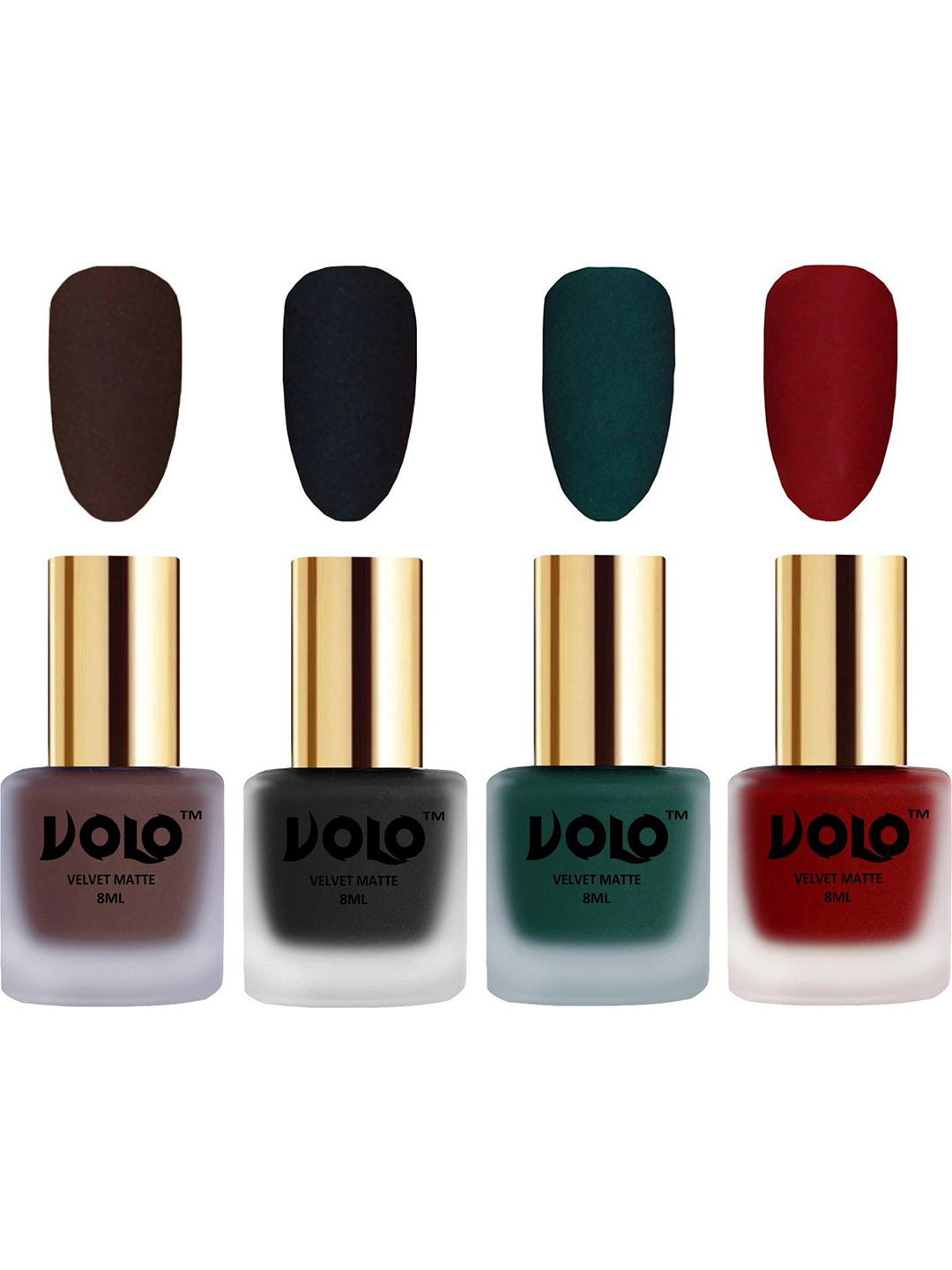 VOLO Set Of 4 Velvet Matte Nail Polish-8 ml-Tomato Red-Dark Green-Black-Chocolate Brown
