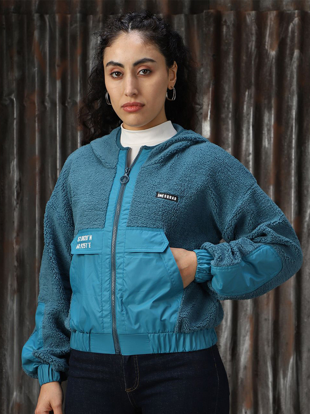 High Star Women Sherpa Hooded Front-Open Crop Boxy Fit Sweatshirt