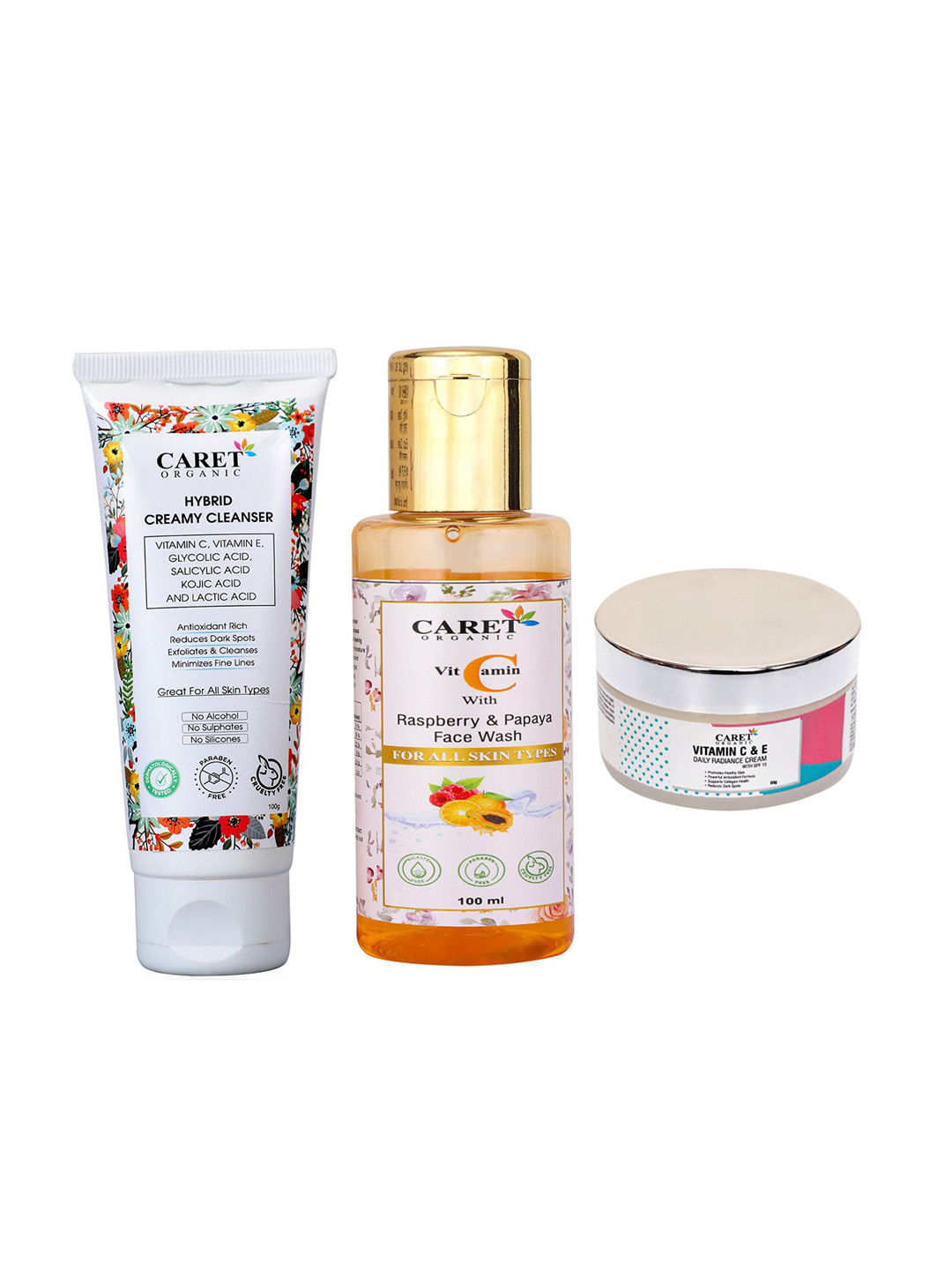 CARET ORGANIC Hybrid Creamy Cleanser, Raspberry & Papaya Face Wash & Vitamin C Cream