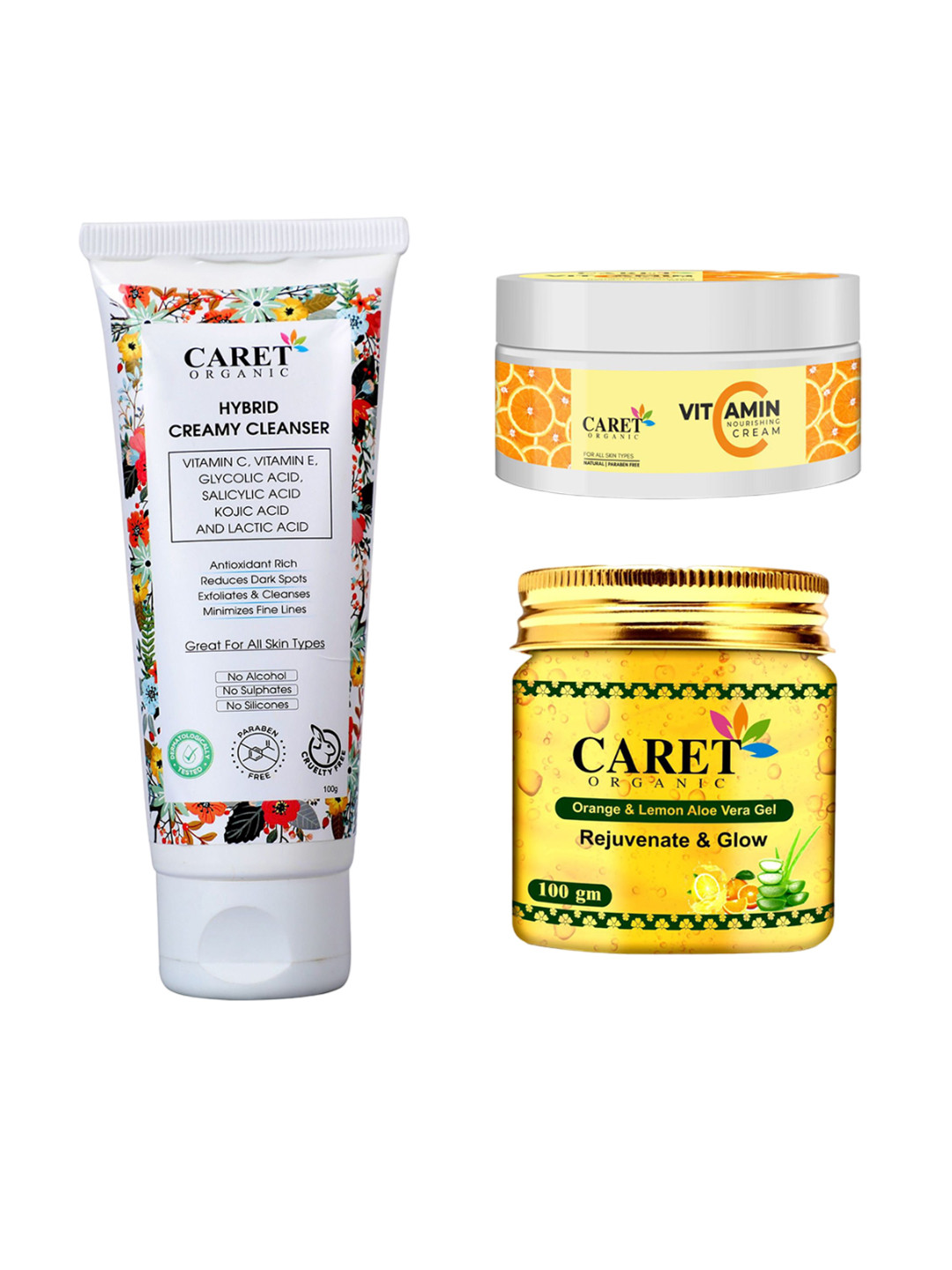 CARET ORGANIC Hybrid Creamy Cleanser, Lemon Aloevera Gel & Vitamin C Nourishing Cream