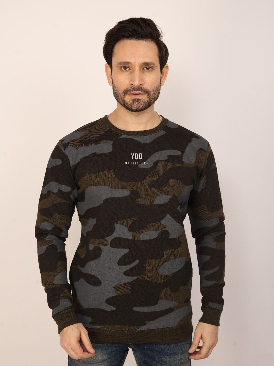 Klub Fox Men Camouflage Printed Round Neck Fleece Sweatshirt