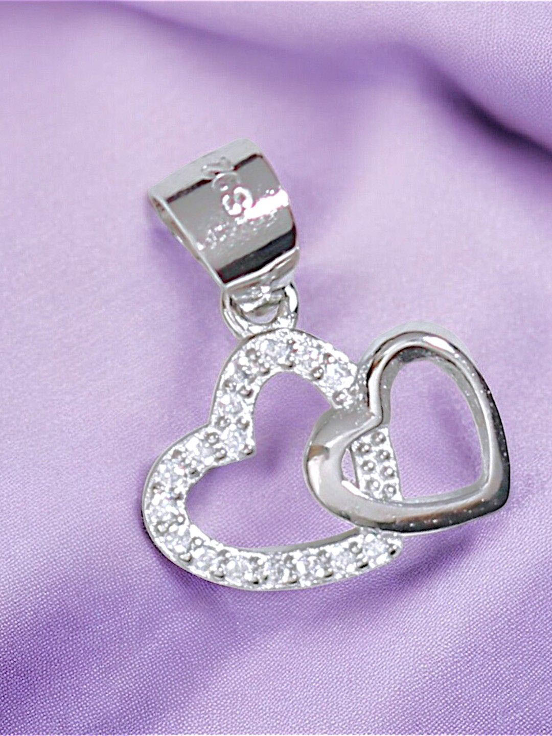 Taraash 925 Sterling Silver Rhodium-Plated Cubic Zirconia Double Heart Shaped Pendant