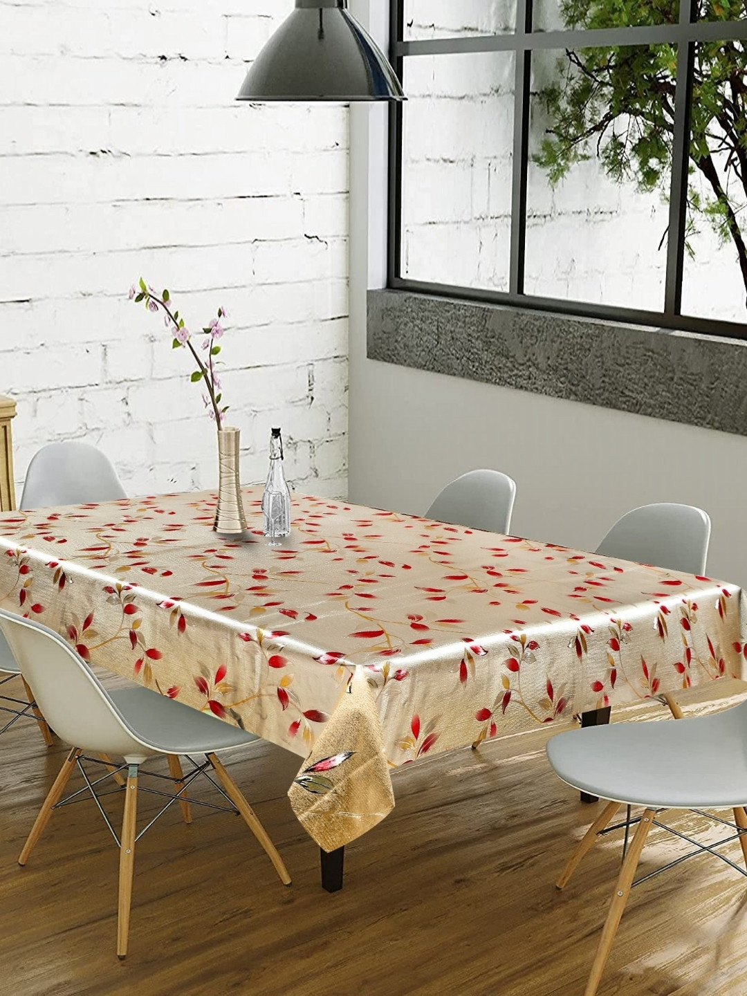LooMantha Gold-Toned & Red Floral Waterproof 6-Seater Table Cover
