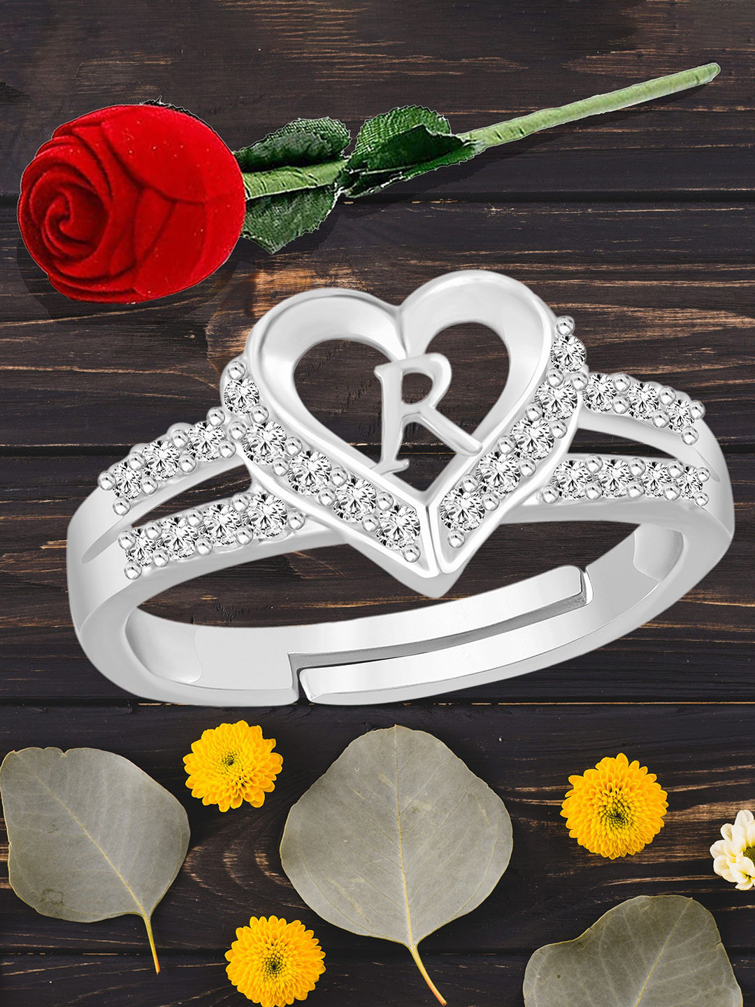 Heer Collection Silver-Plated American Diamond Studded Alphabet R Adjustable Finger Ring