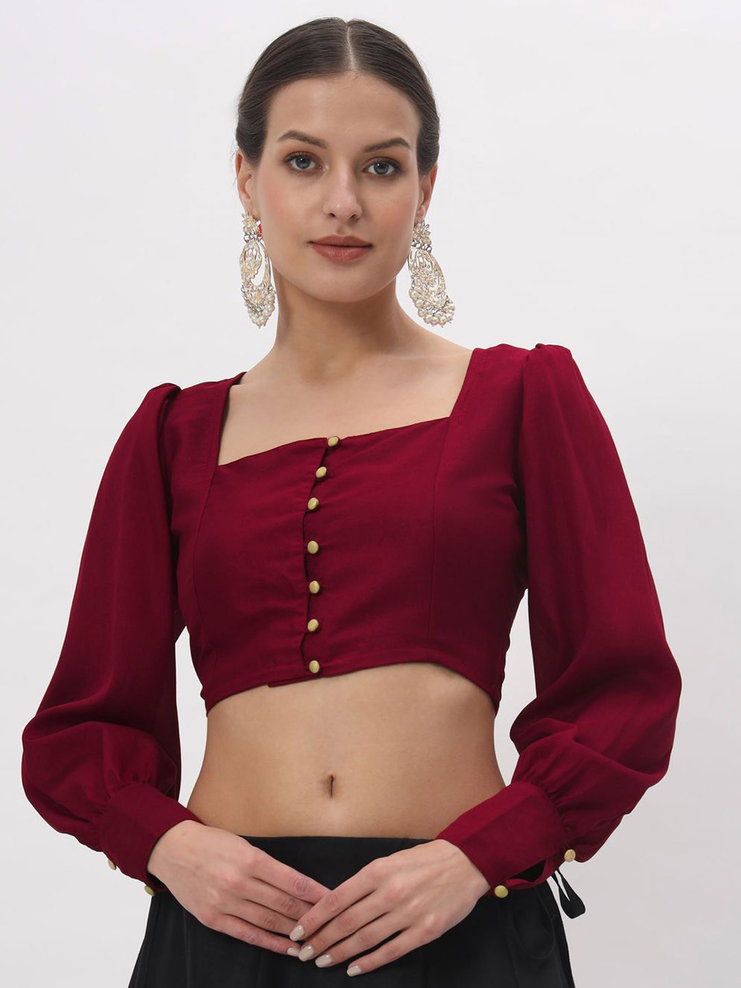 studio rasa Solid Square Neck Long Sleeves Saree Blouse