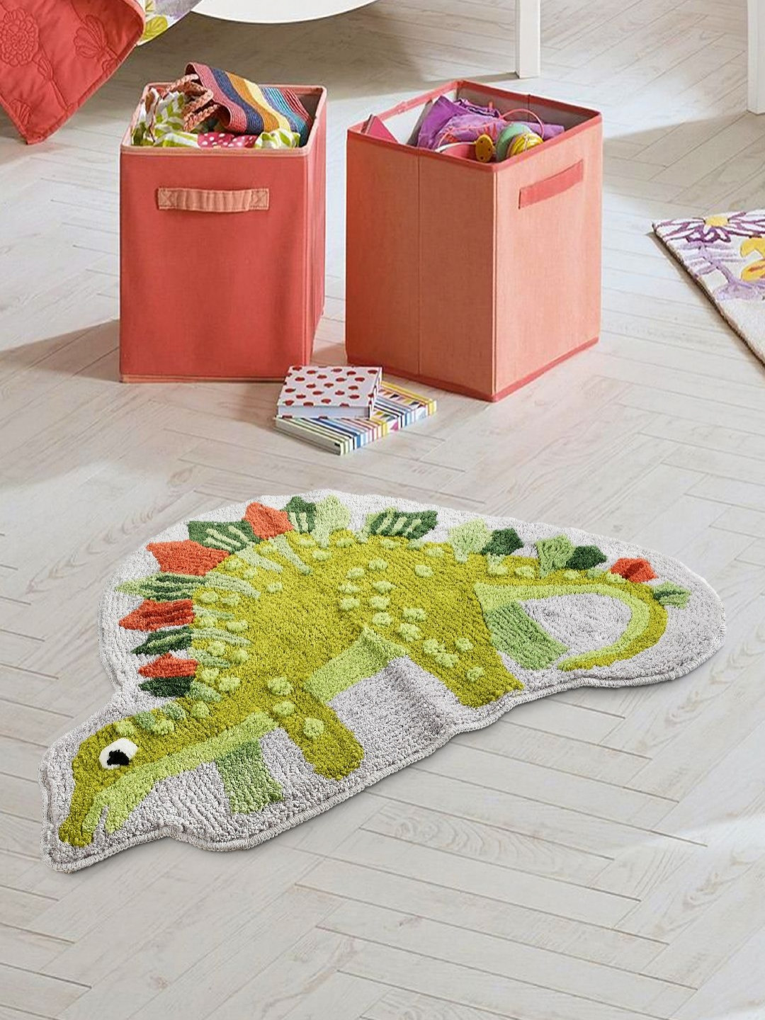 Saral Home Grey & Green Cotton Anti Skid Bath Mats