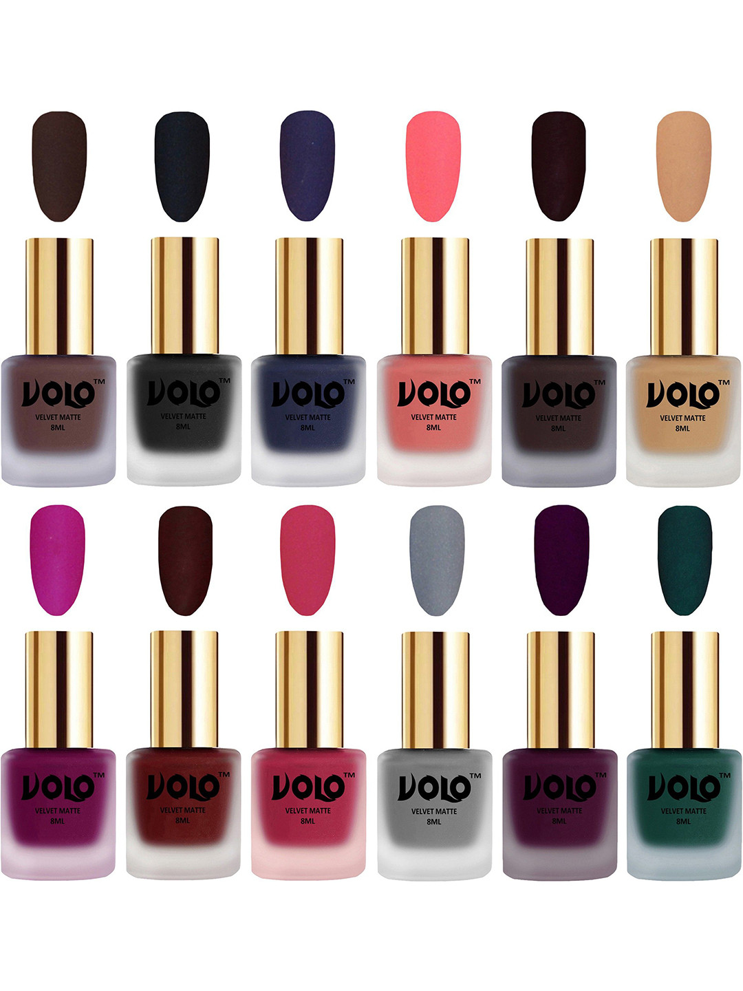 VOLO Set Of 12 Velvet Matte Nail Polish - 8 ml Each -Wine-Magenta-Maroon-Black-Brown