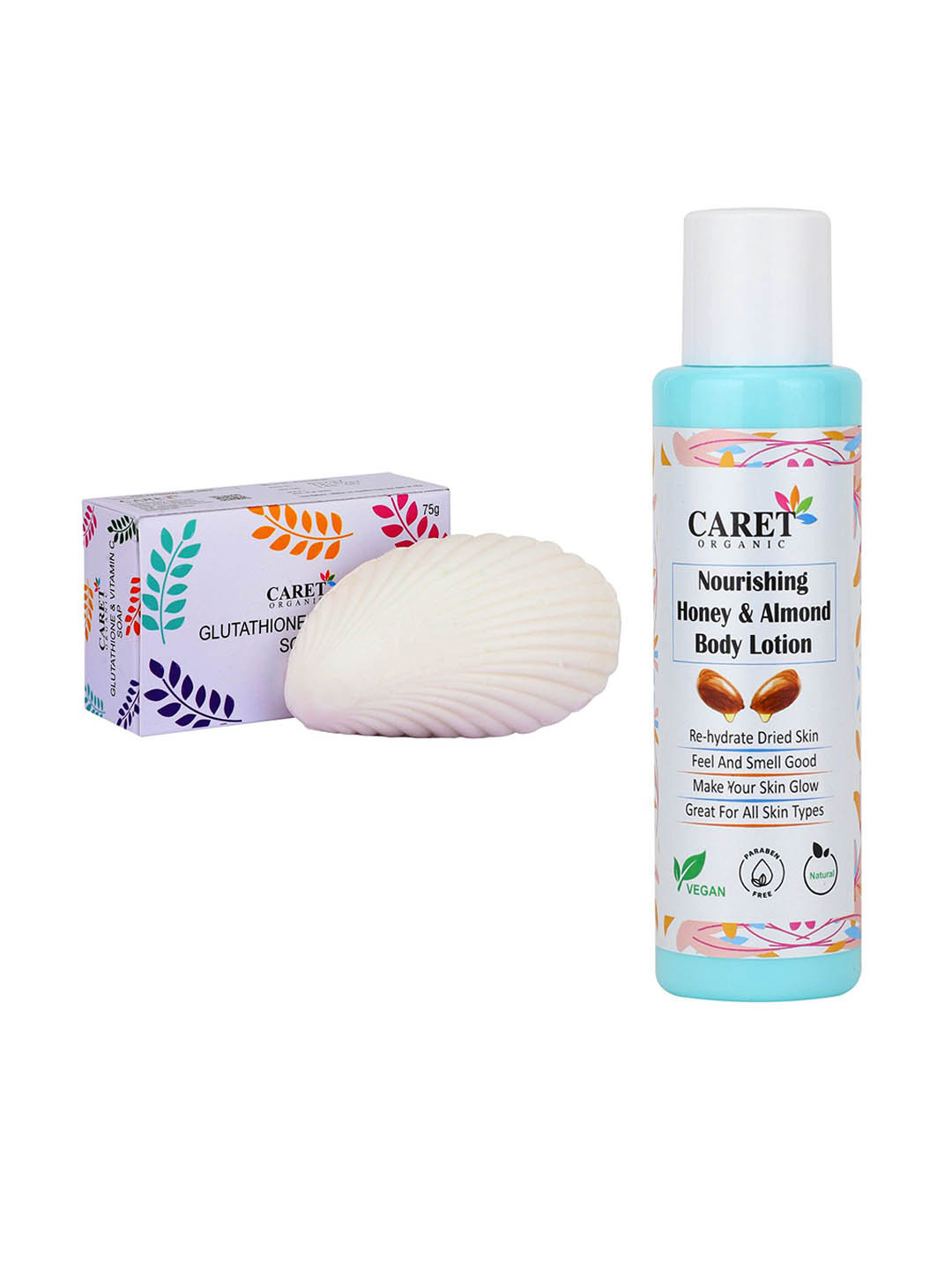 CARET ORGANIC Glutathione Vitamin Soap - 75 g & Honey Almond Body Lotion - 100 ml