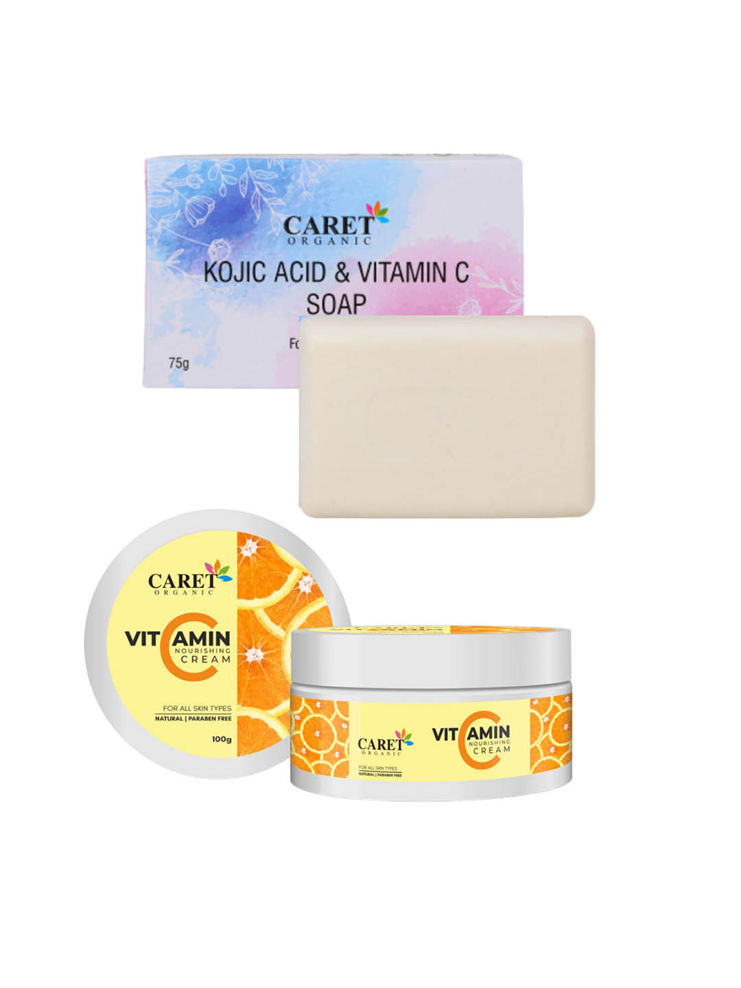 CARET ORGANIC Kojic Acid Vitamin C Soap -75 g & Vitamin C Nourishing Cream - 100 g