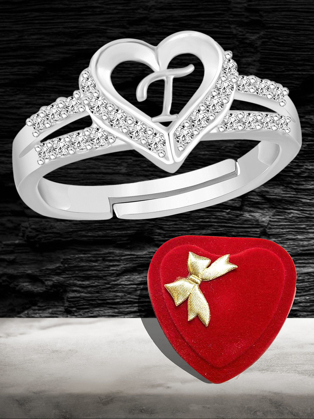 Heer Collection Silver Plated American Diamond Studded Alphabet T Adjustable Finger Ring