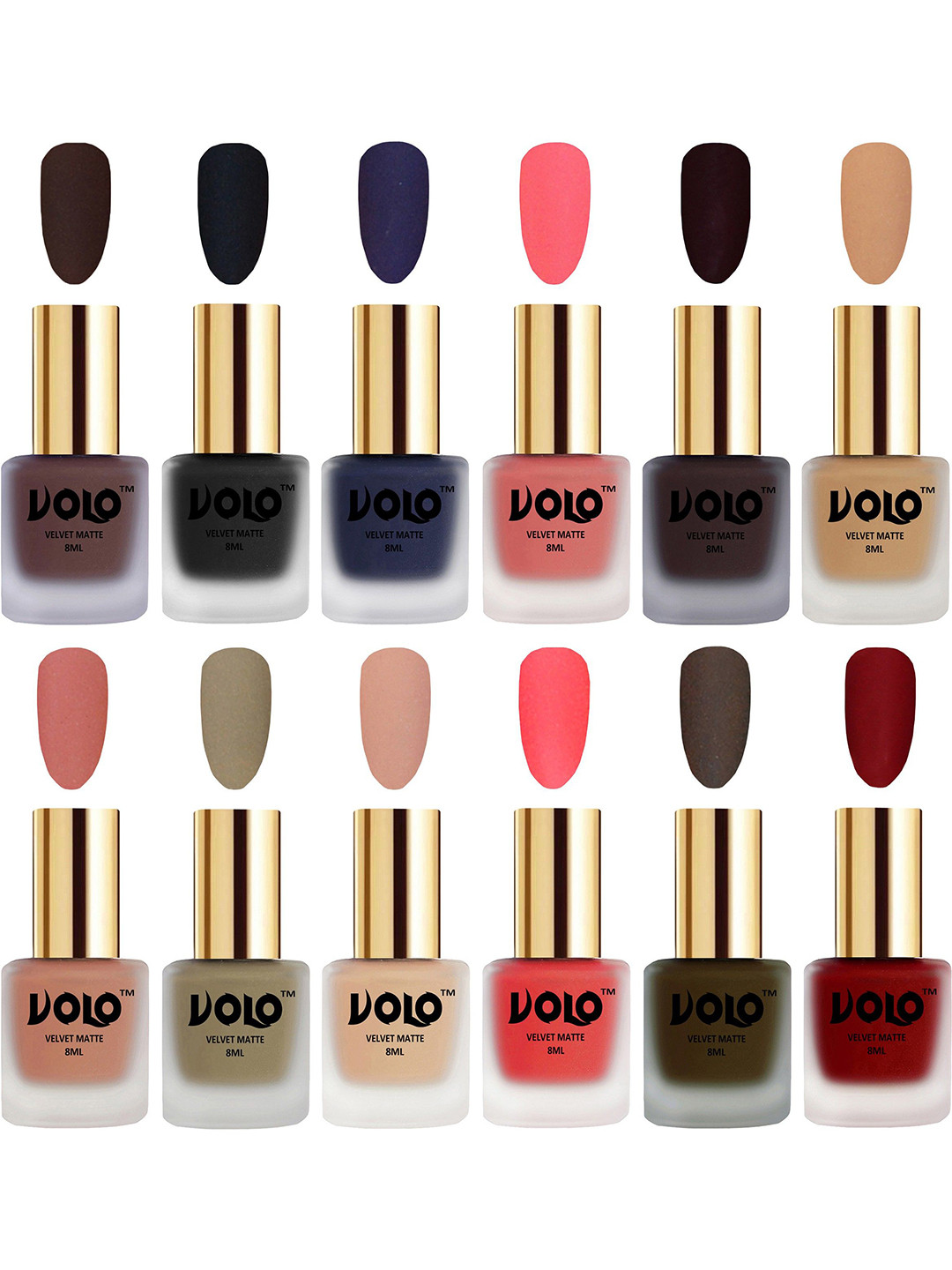 VOLO Set Of 12 Velvet Matte Nail Polish - 8 ml Each-Wine-Red-Nude-Orange-Peach-Olive-Black