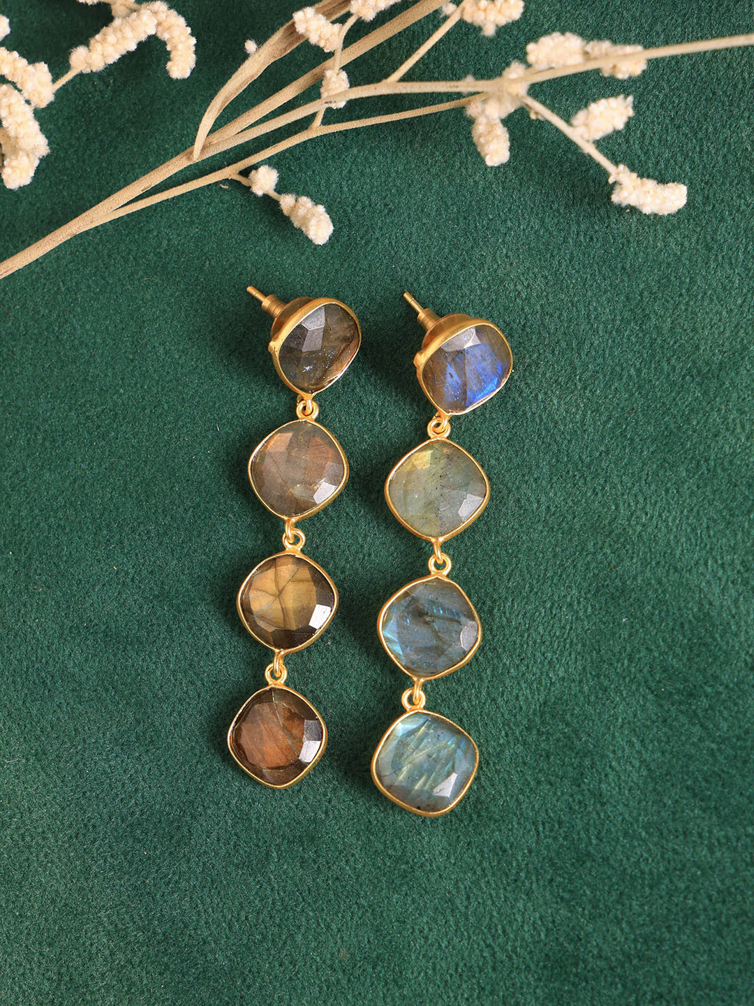 ROYAL PITARAH Gold-Plated Contemporary Labradorite Drop Earrings
