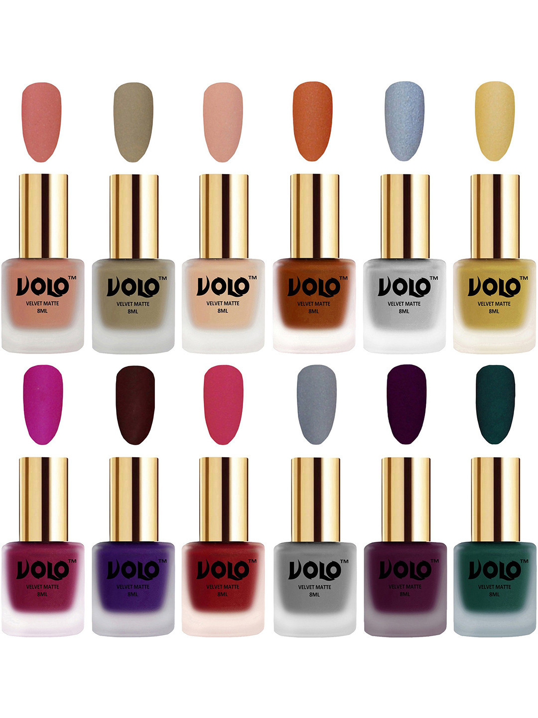 VOLO Set Of 12 Velvet Matte Nail Polish - 8 ml Each - Light Wine-Sand Nude-Metallic Dark