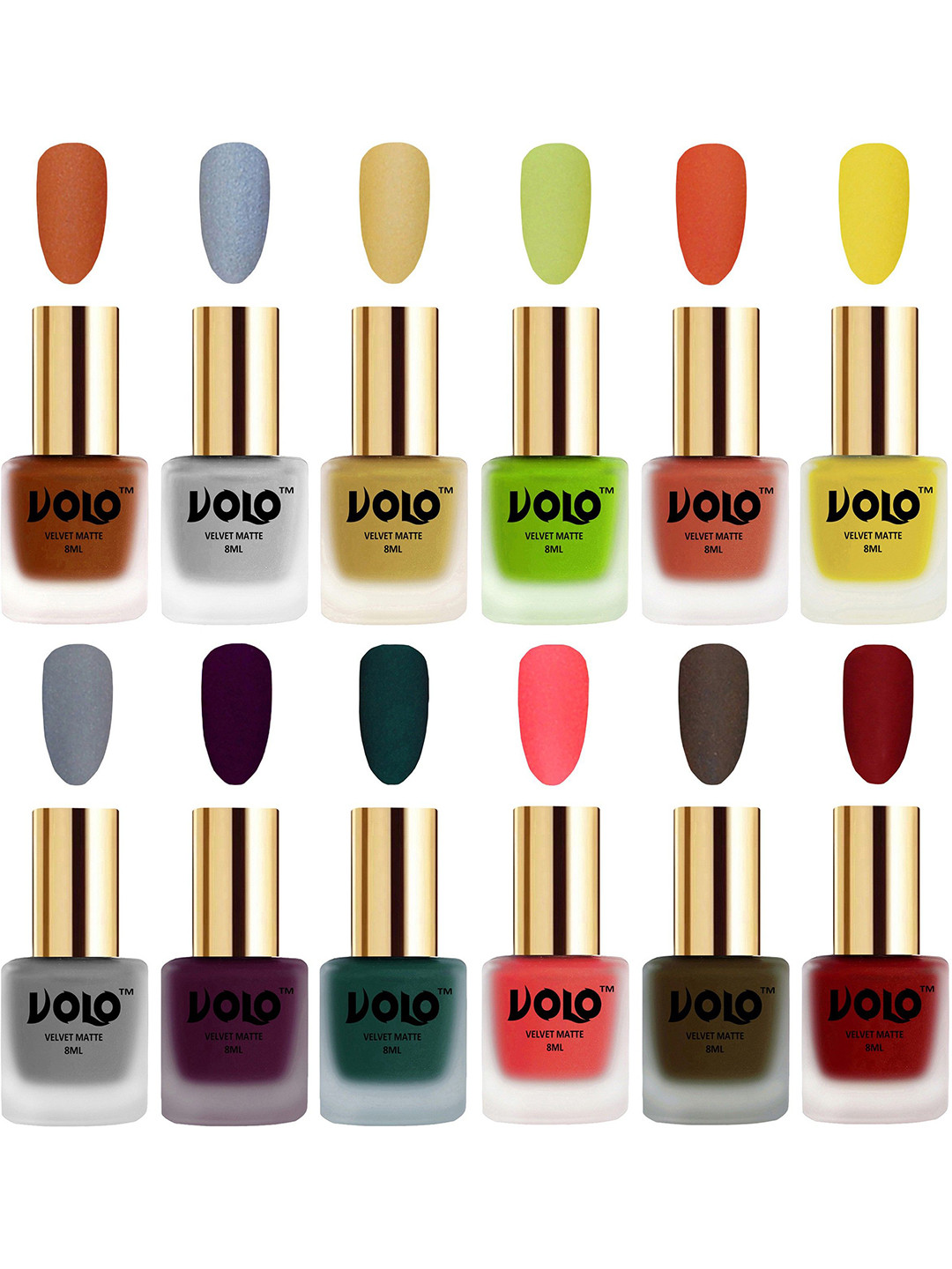 VOLO Set Of 12 Velvet Matte Nail Polish -8 ml Each -Wine-Red-Neon-Green-Olive-Coral-Golden