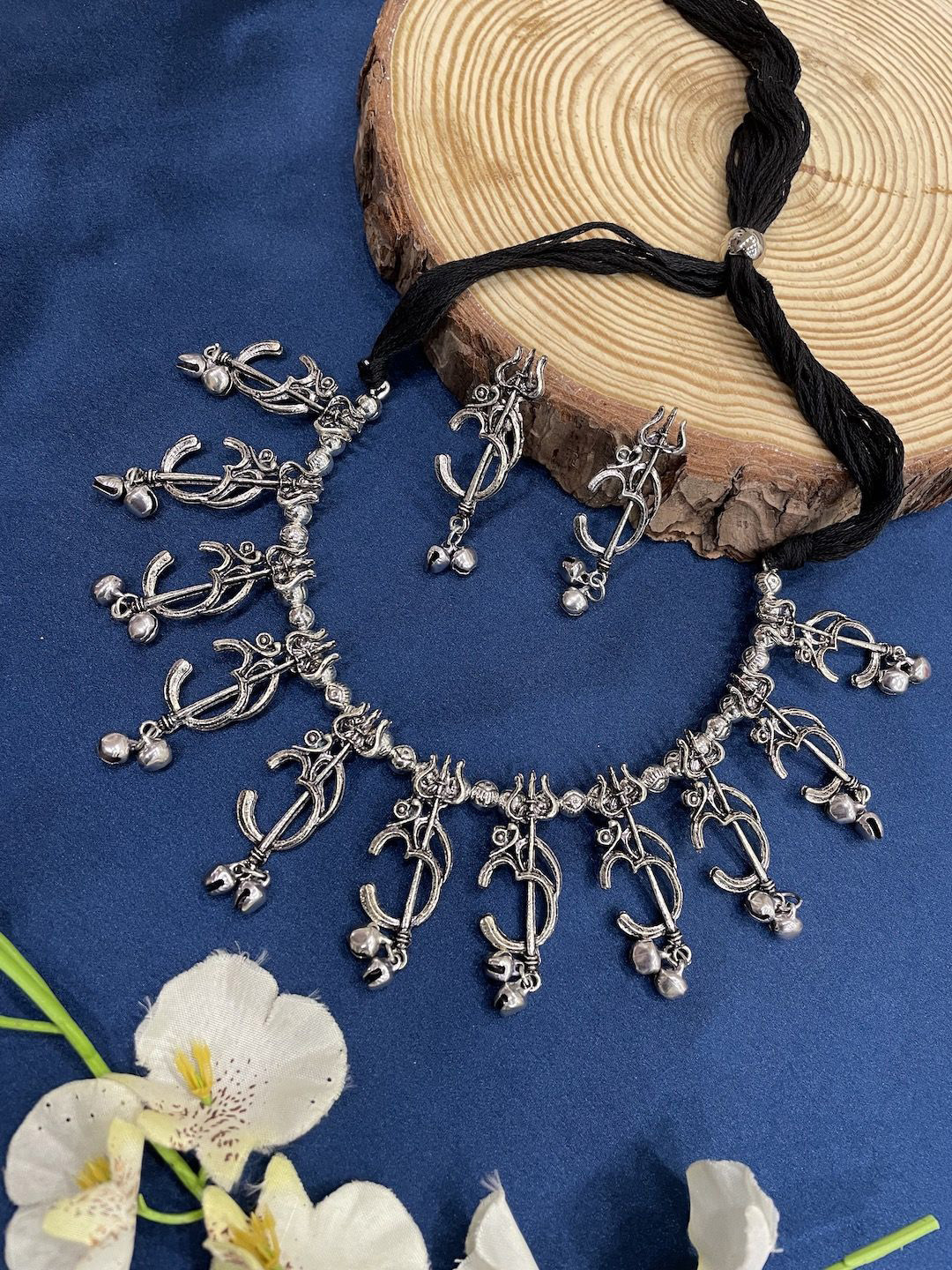 Digital Dress Room Silver Plated Trishul & Om Oxidised Necklace & Earrings