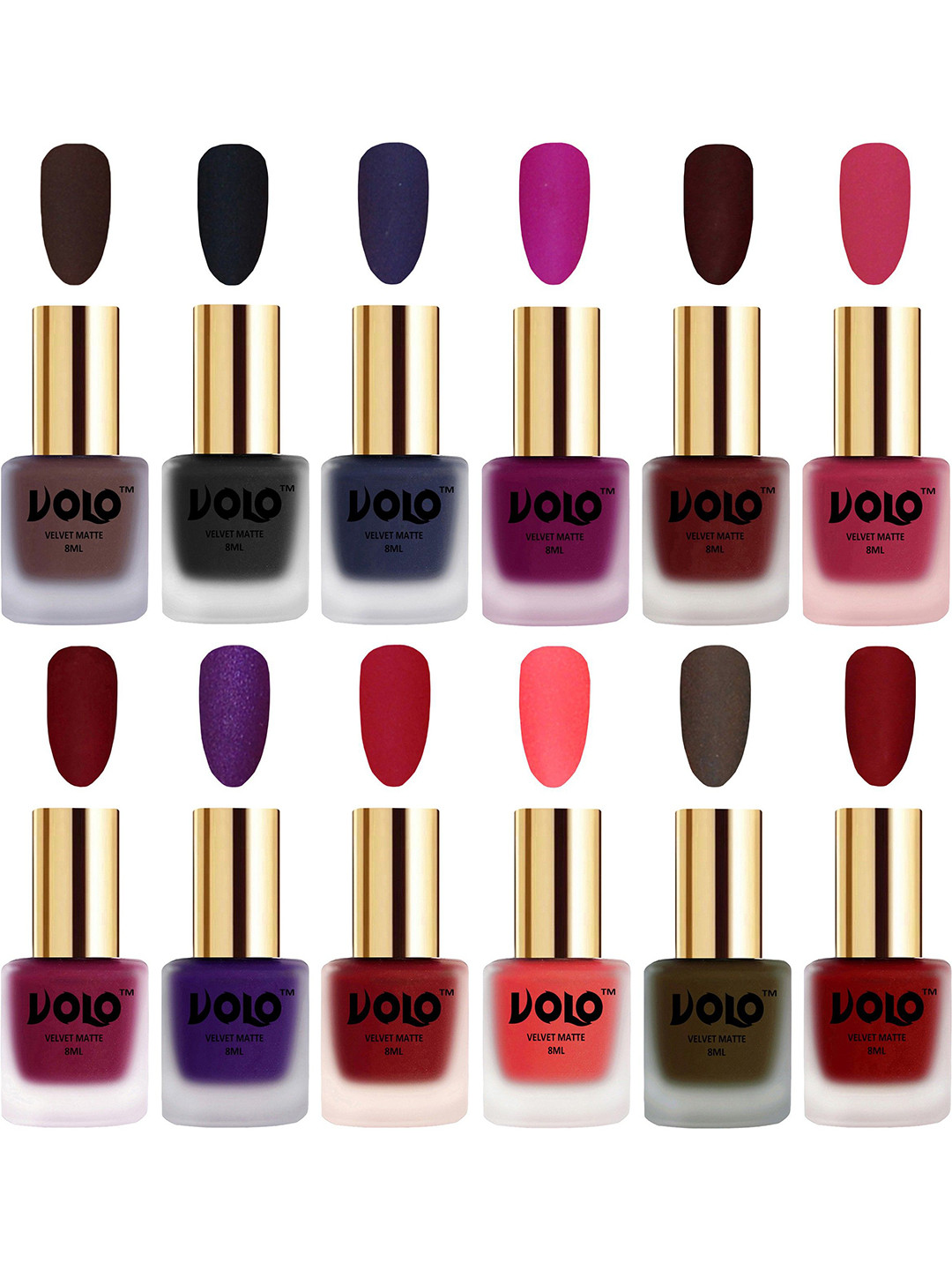 VOLO Set Of 12 Velvet Matte Nail Polish - 8 ml Each - Magenta-Tomato Red-Metallic Dark