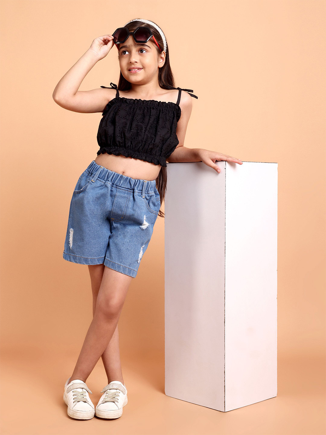 HERE&NOW Girls Shoulder Straps Sleeveless Pure Cotton Schiffli Top with Denim Shorts