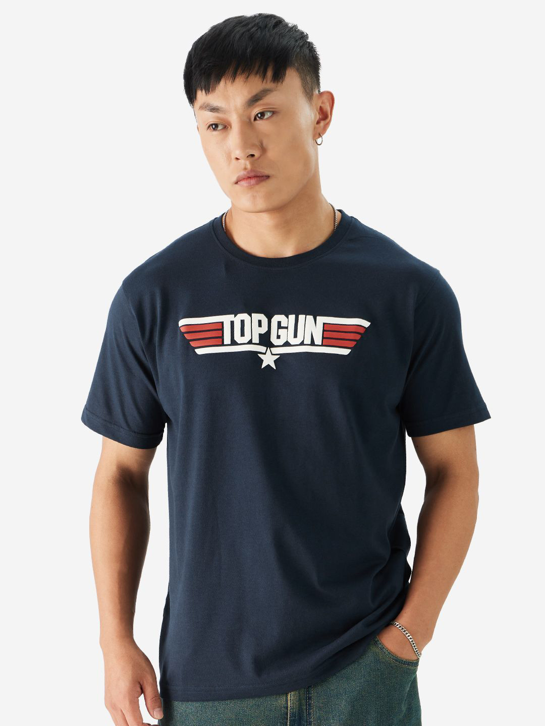 The Souled Store Official Men Top Gun: Logo Navy Blue Relaxed Fit T-Shirt