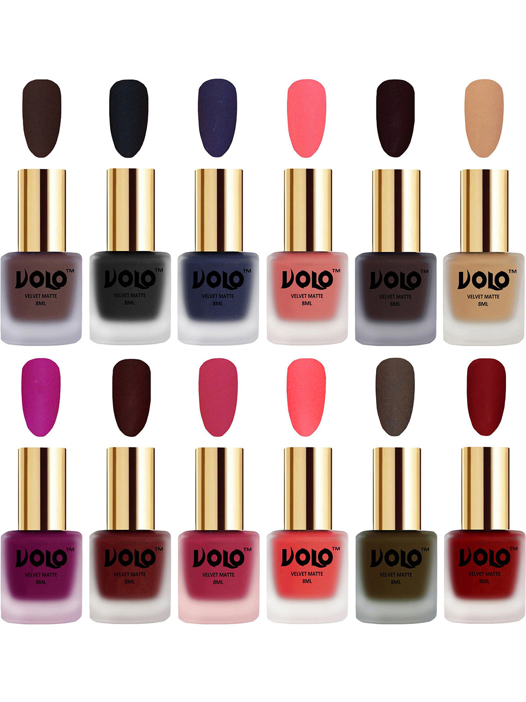 VOLO Set Of 12 Velvet Matte Nail Polish - 8 ml Each - Dark Wine-Magenta-Tomato Red