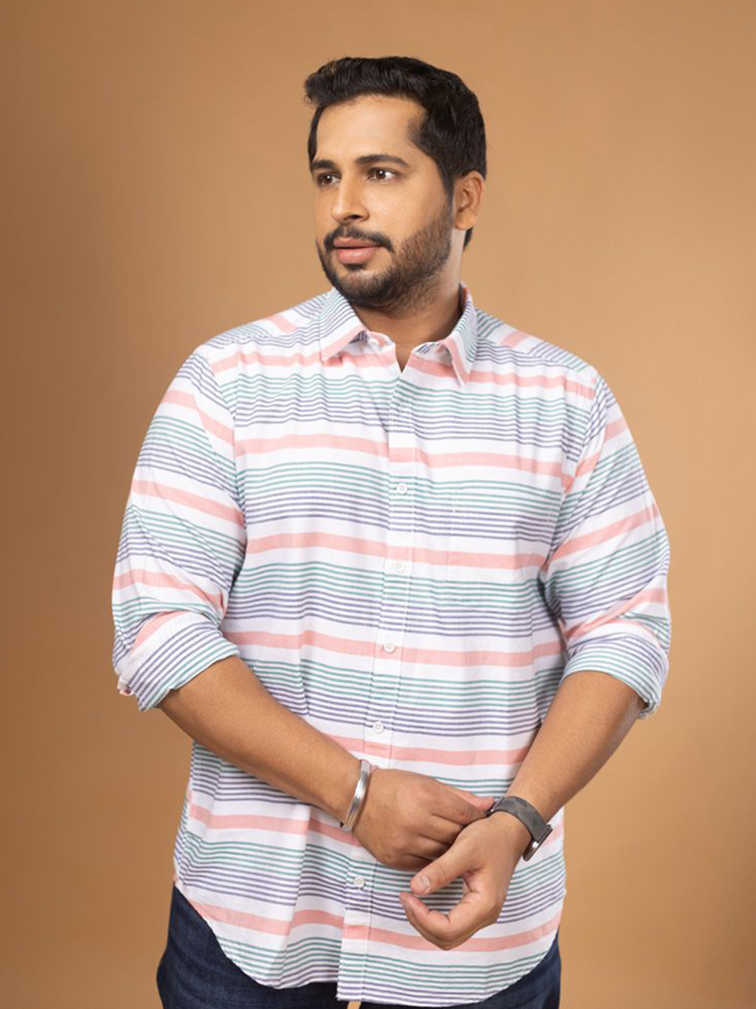 Sizeupp Men Plus Size Collared Neck Striped Casual Shirt