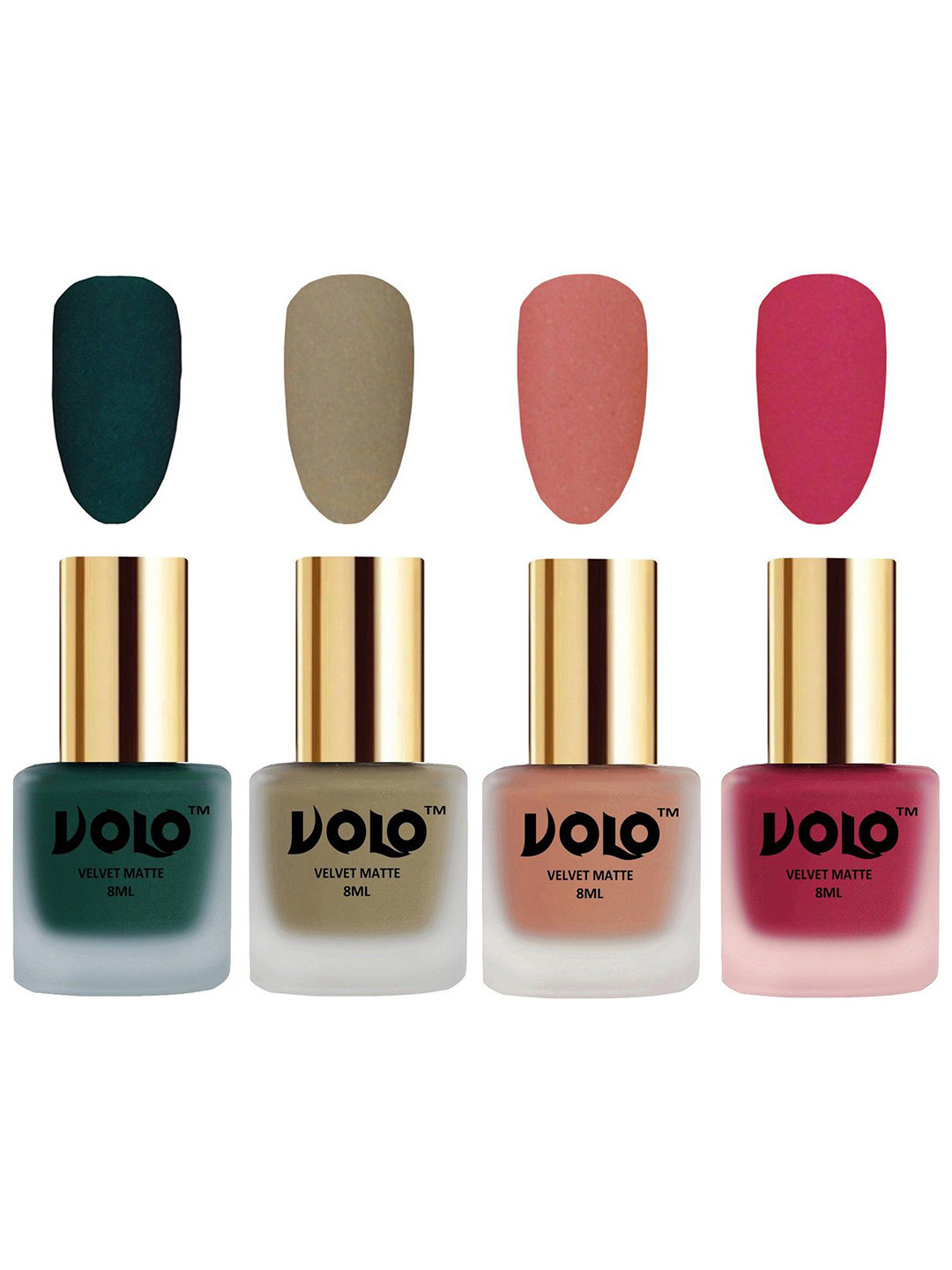 VOLO Set Of 4 Velvet Matte Nail Polish-8 ml-Sand Nude-Dark Green-Light Peach-Passion Pink