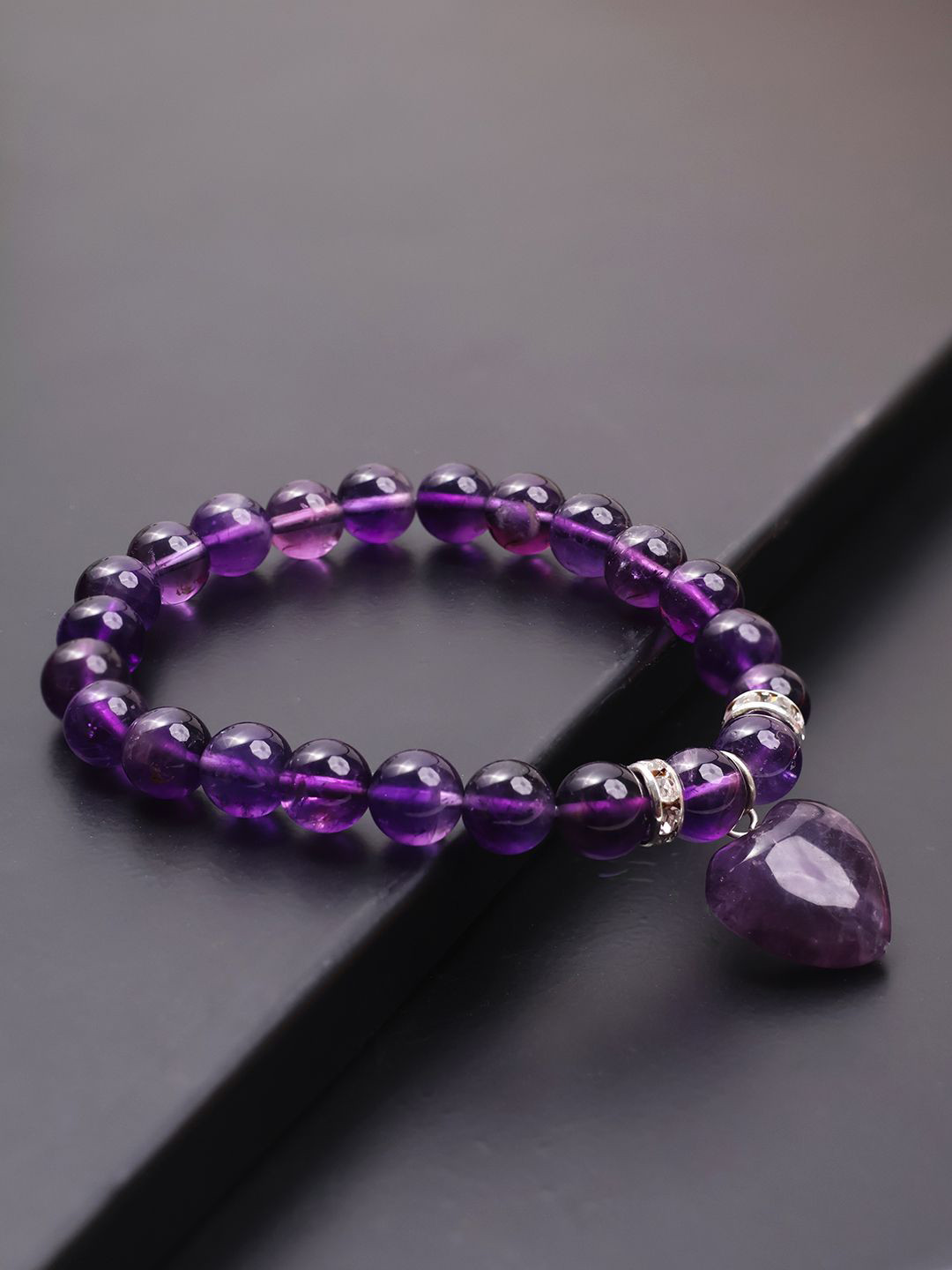 Shubhanjali Amethyst Crystal Studded Heart Charm Elasticated Bracelet