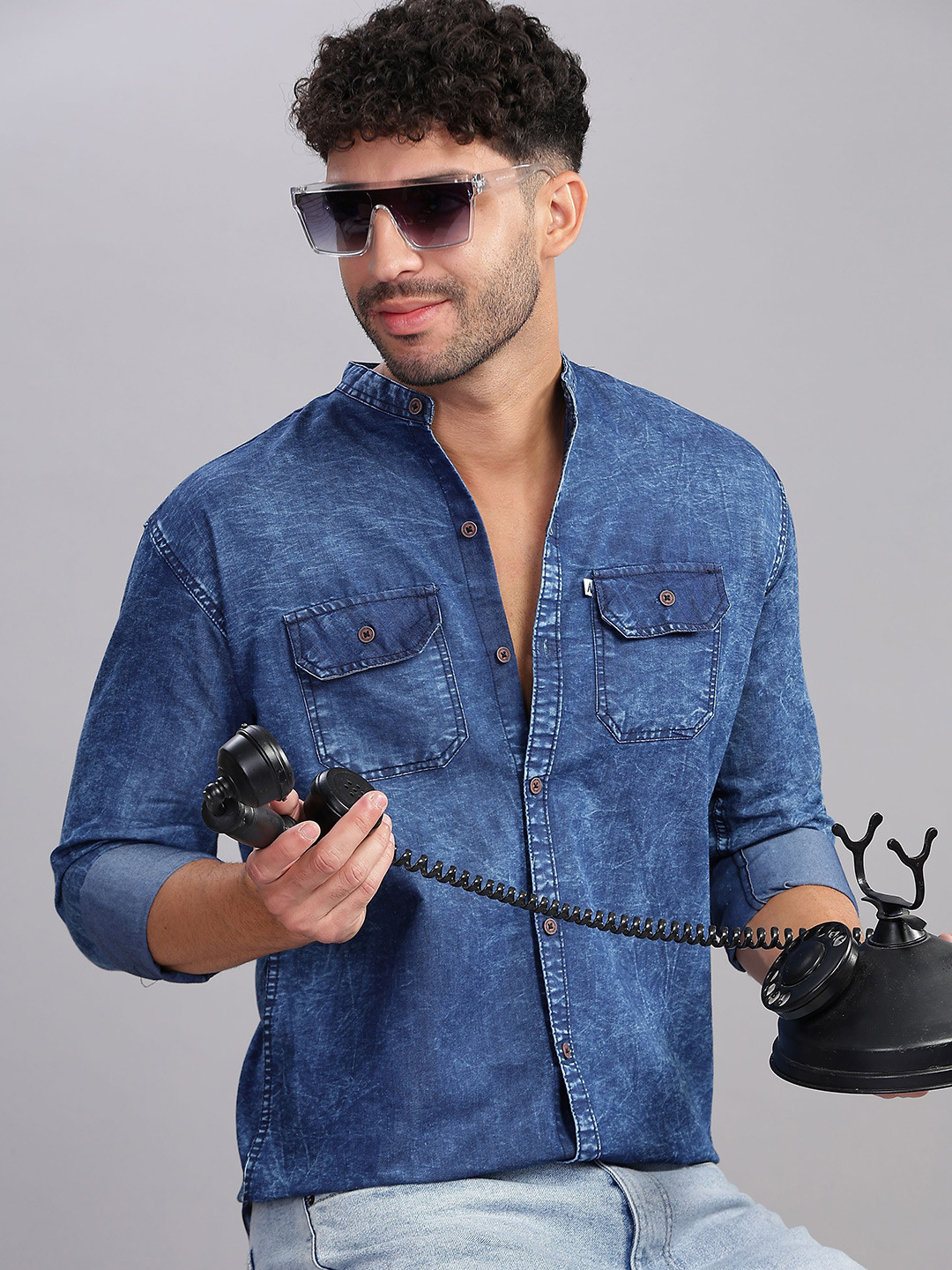 AIDAN PAUL Men Relaxed Cutaway Collar Faded Denim Casual Shirt