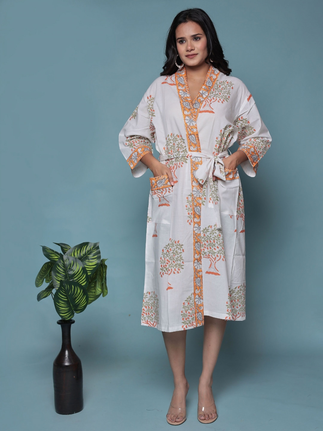 Bohekant Hand Block, Kimono White Floral Cotton Drawstring Midi Bath Robe