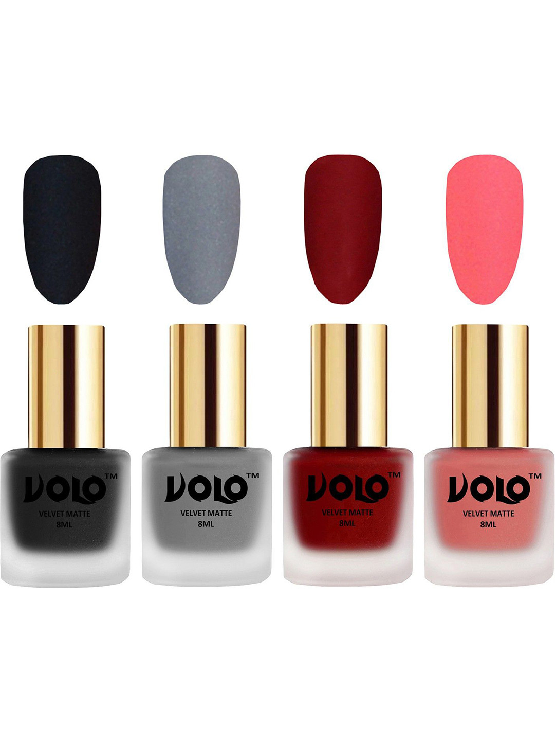 VOLO Set Of 4 Velvet Matte Nail Polish - 8 ml Each - Tomato Red-Black-Grey-Dark Peach