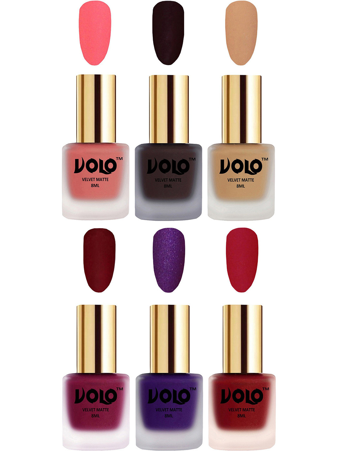 VOLO Set Of 6 Velvet Matte Nail Polish - 8 ml Each Shade Dark Wine - Metallic Dark Purple