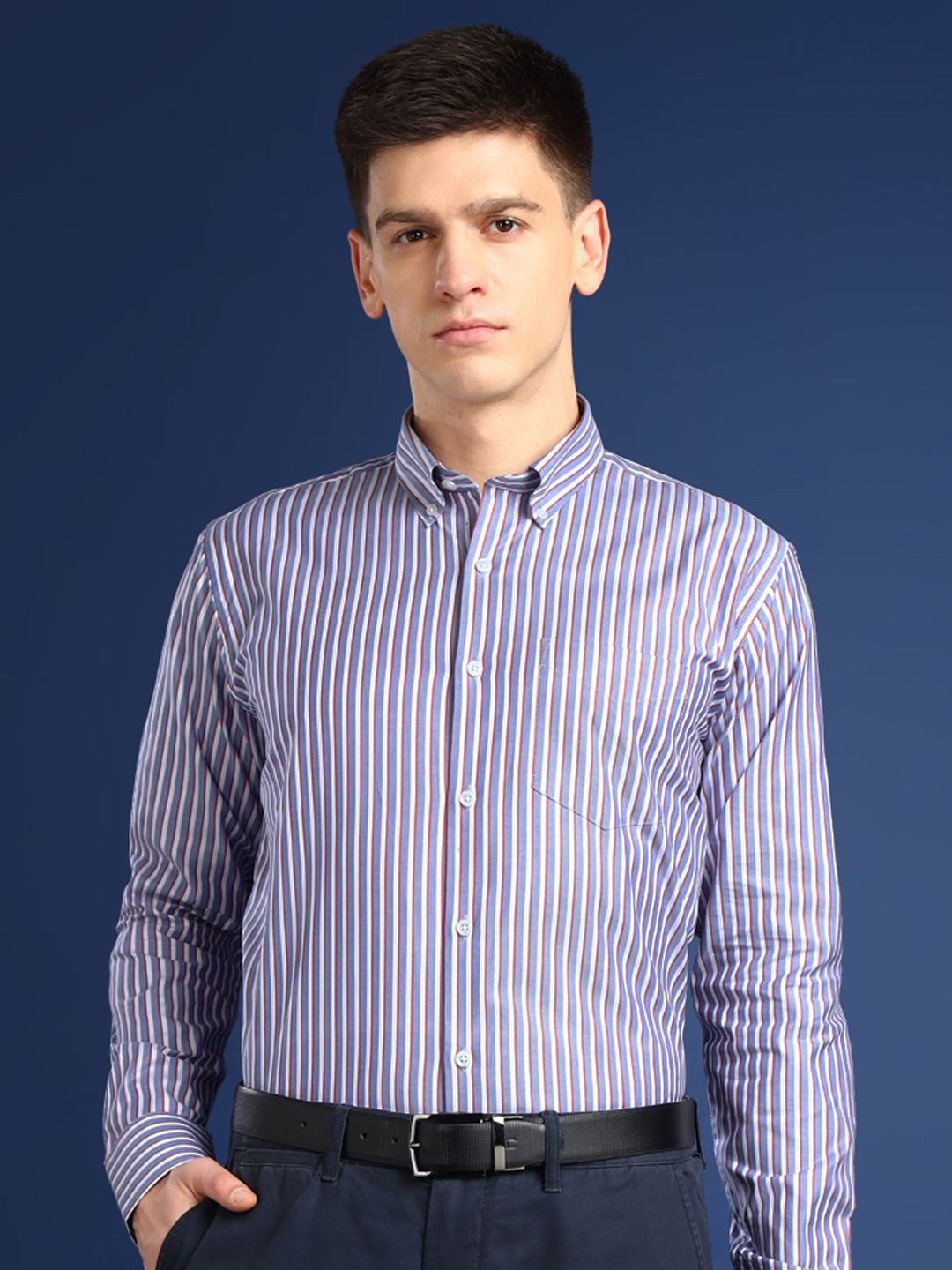 Hancock Men Slim Fit Opaque Oxford Striped Egyptian Cotton Wrinkle Free Formal Shirt