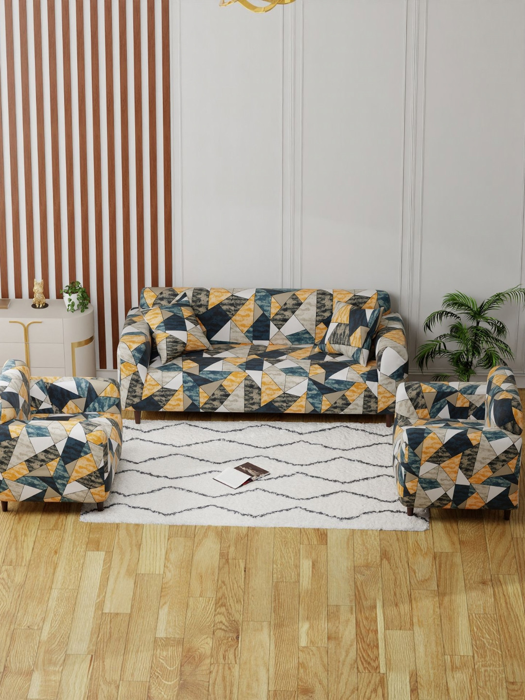 Aura Yellow & Blue Abstract Printed 5 Seater Sofa Covers With Arms