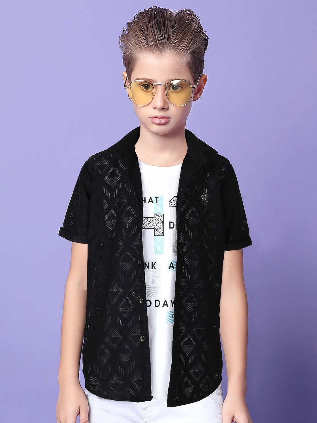 MashUp Boys Classic Spread Collar Self Design Cotton Casual Shirt With Printed T-Shirt