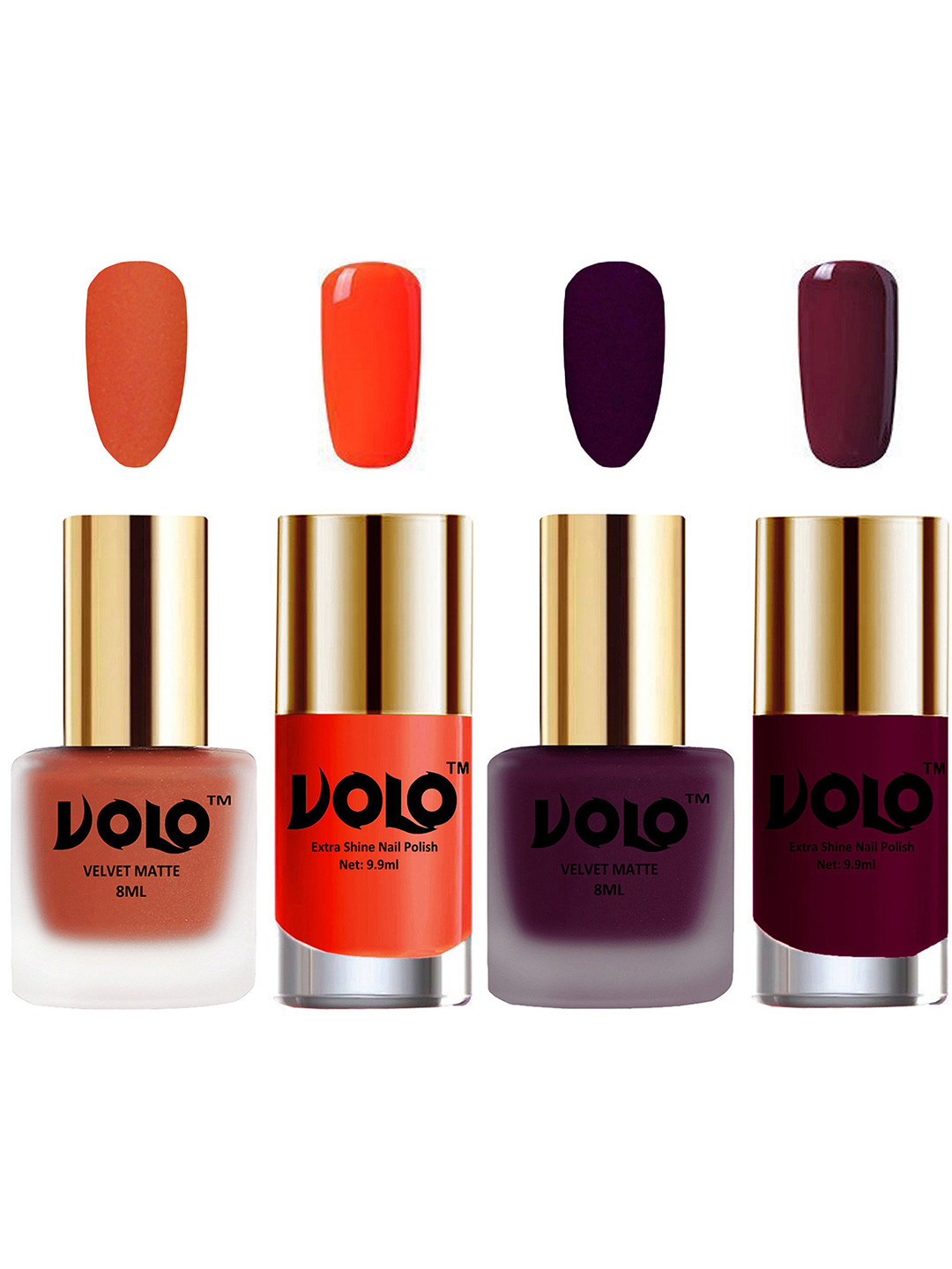 VOLO Set Of 4 Velvet Matte Nail Polish - 8 ml & 9.9 ml Each -Light Wine-Coral-Orange-Wine