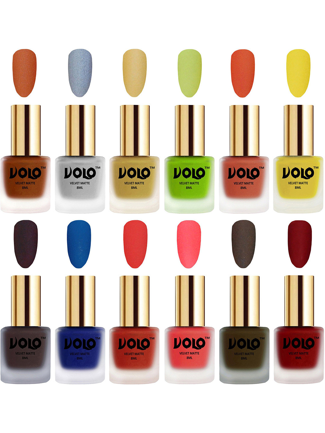 VOLO Set Of 12 Velvet Matte Nail Polish- 8 ml Each- Coral- Tomato Red- Neon Orange