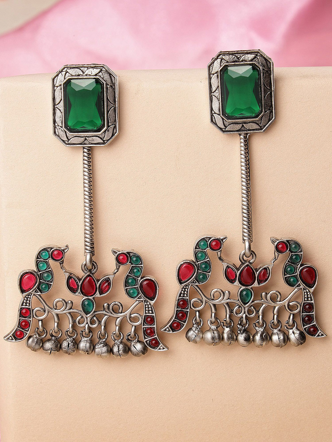 KARATCART Silver-Plated Oxidised Peacock Design Kundan Stones Drop Earrings