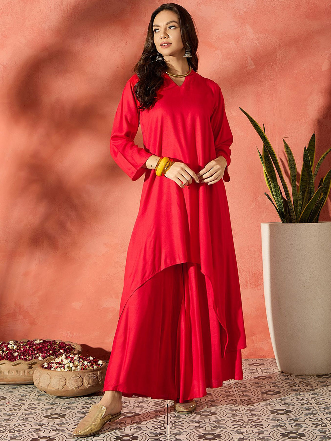 InWeave Women A-Line Calf Length High Low Kurta With Palazzo