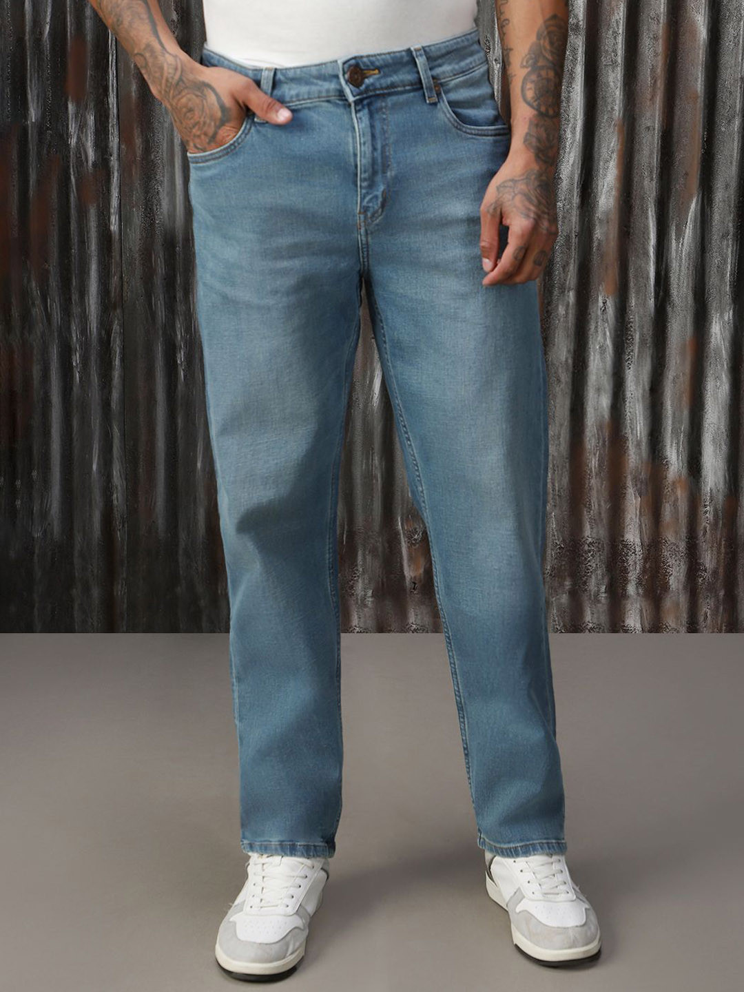 High Star Men Classic Relaxed Fit Straight Leg Light Fade Jeans