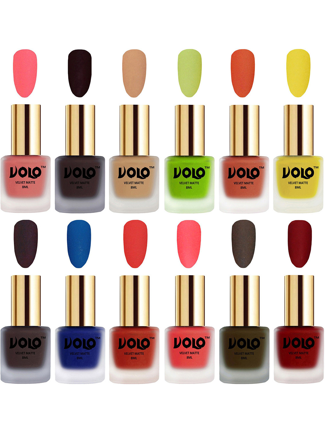 VOLO Set Of 12 Velvet Matte Nail Polish - 8 ml Each -Wine-Coral-Red-Neon-Orange-Coffee