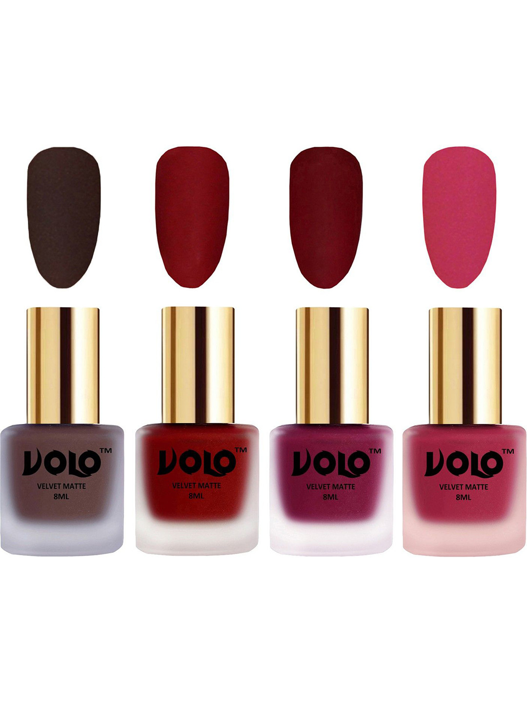 VOLO Set Of 4 Matte Nail Polish-8 ml-Tomato Red-Chocolate Brown-Passion Pink-Carrot Red