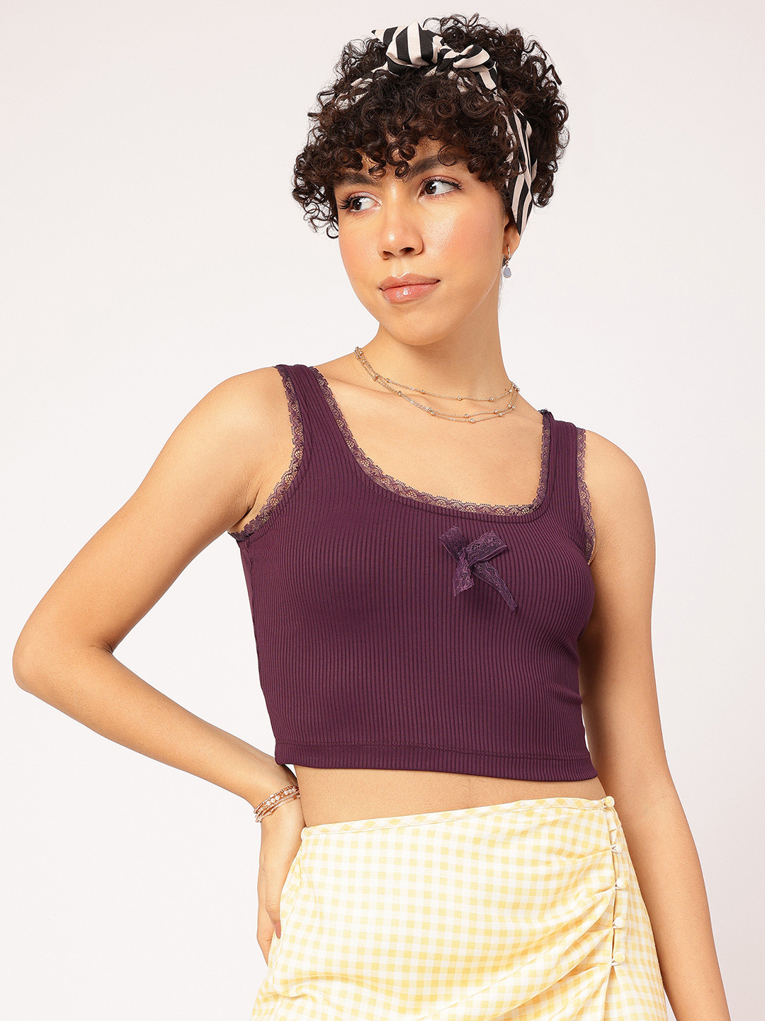 DressBerry Trim Bow Detail Ribbed Crop Top