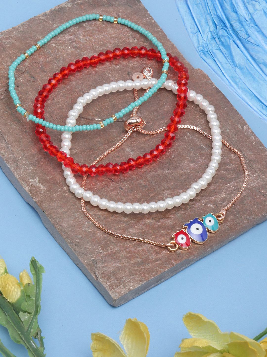 KPOP Set Of 4 Rose Gold-Plated Beaded & Stone Studded Charm Bracelets