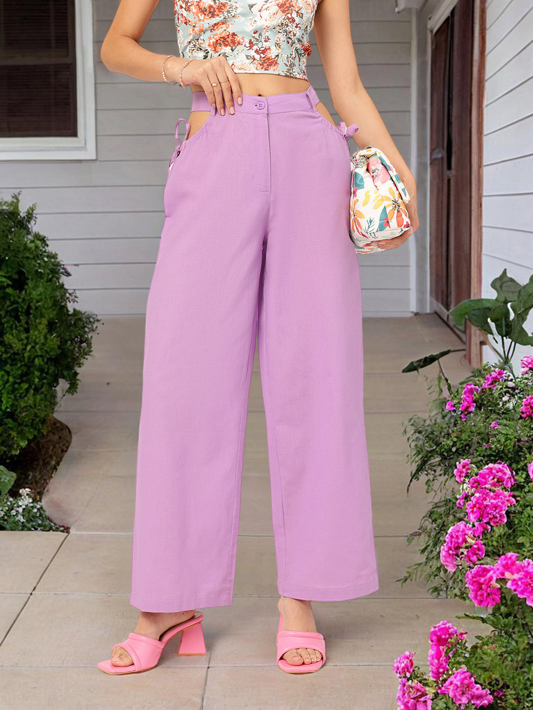 DressBerry Women Cut-Out Detail Wide Leg Trousers with Bow-Detail