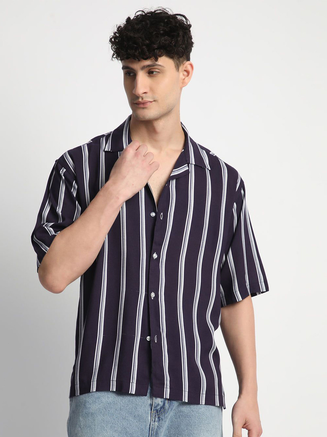 Mark Leute Men Relaxed Fit Cuban Collar Vertical Striped Casual Shirt