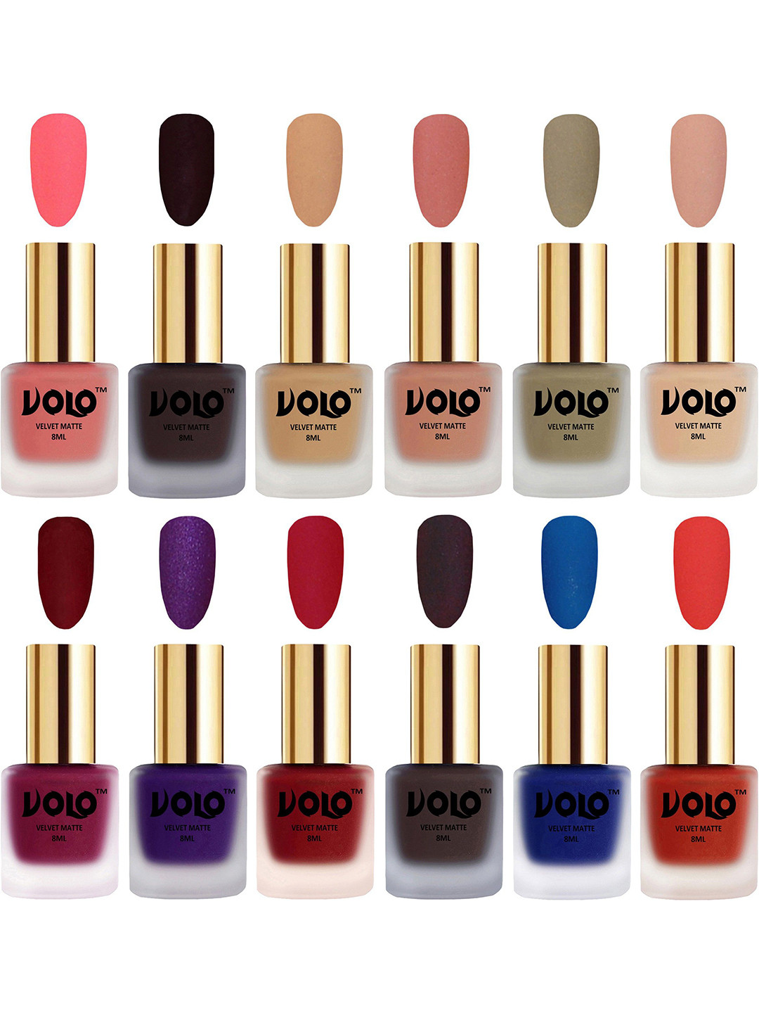 VOLO Set Of 12 Velvet Matte Nail Polish - 8 ml Each - Dark Wine - Coral - Sand Nude