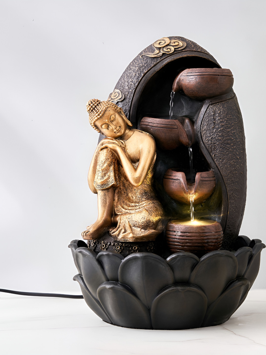Home Centre Corsica Alpine Gold-Toned & Black Resting Buddha Fountain