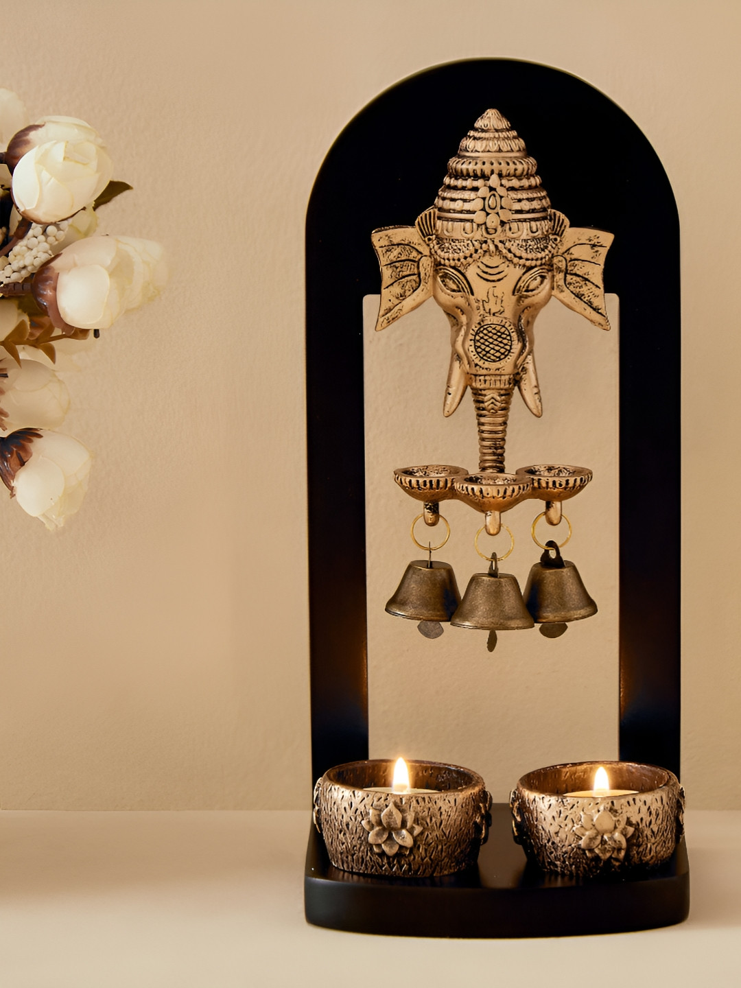Home Centre Ganesha with T-Light Holders Gold Polyresin Glossy Living Room Lights Set of 3 Medium Showpieces - 9.8 Inches