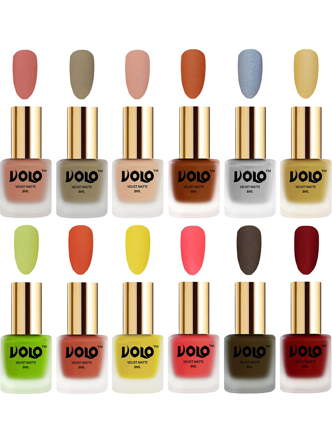 VOLO Set Of 12 Velvet Matte Nail Polish - 8 ml Each - Tomato Red - Sand Nude -Neon Orange