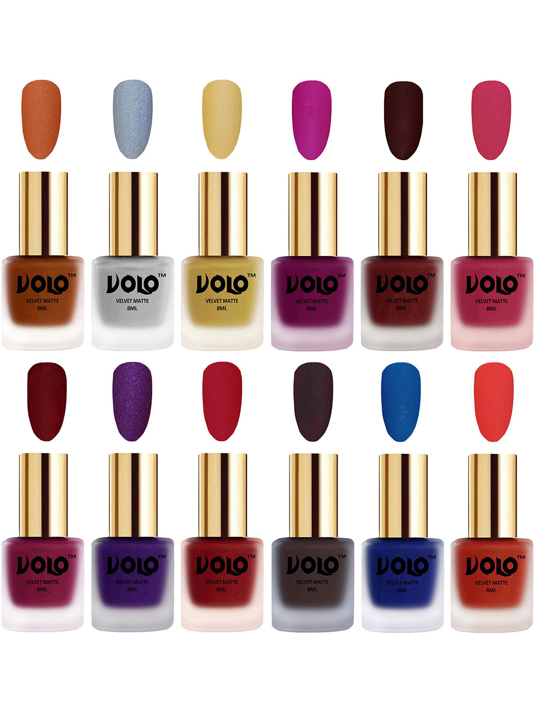 VOLO Set Of 12 Velvet Matte Nail Polish - 8 ml Each Shade - Magenta- Coral- Metallic Darr