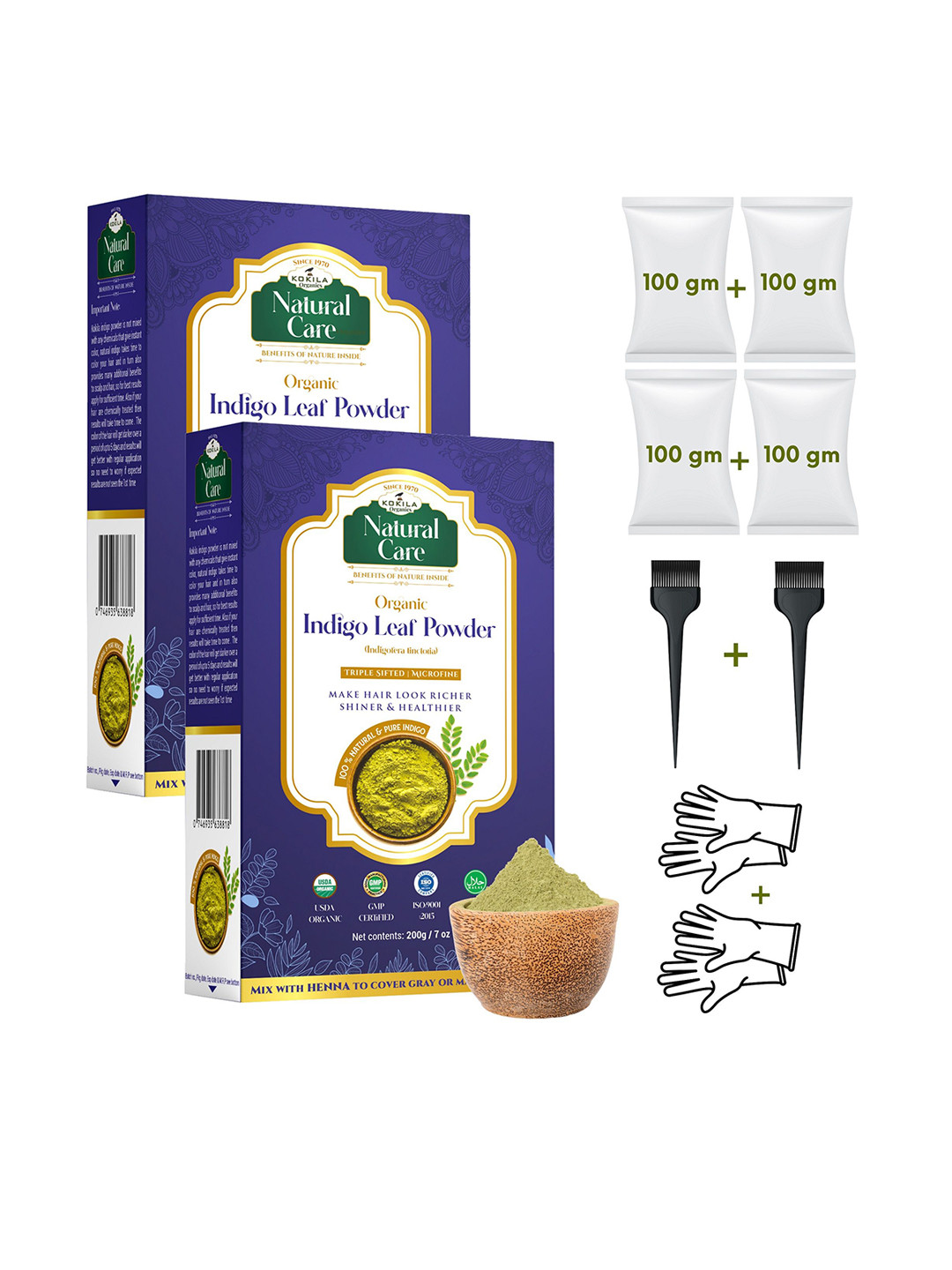KOKILA Set Of 2 Indigo Powder 100% Naturals & Organic Hair Coloring-200g Each -Dark Brown